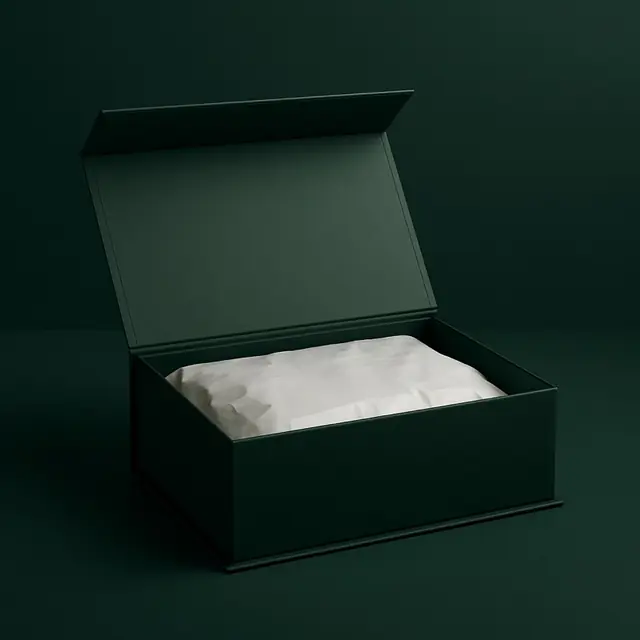 Green rigid magnetic closure gift box, open