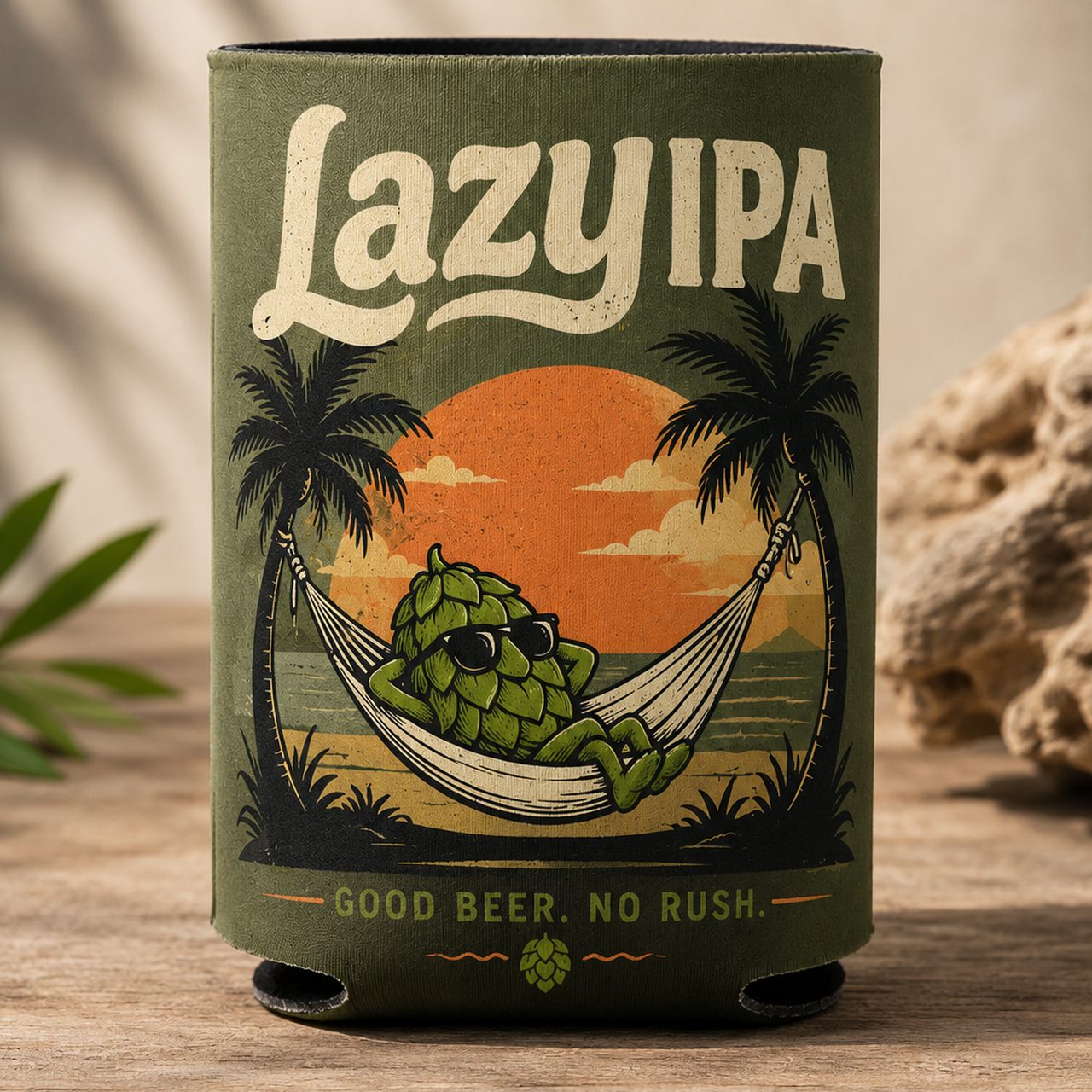 Custom printed koozie with a full-color green beer design on a 12 oz can