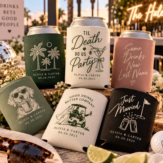 A set of custom printed koozies for an event