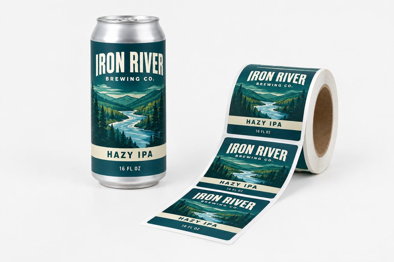 Roll of white film craft beer labels beside a 16 oz can