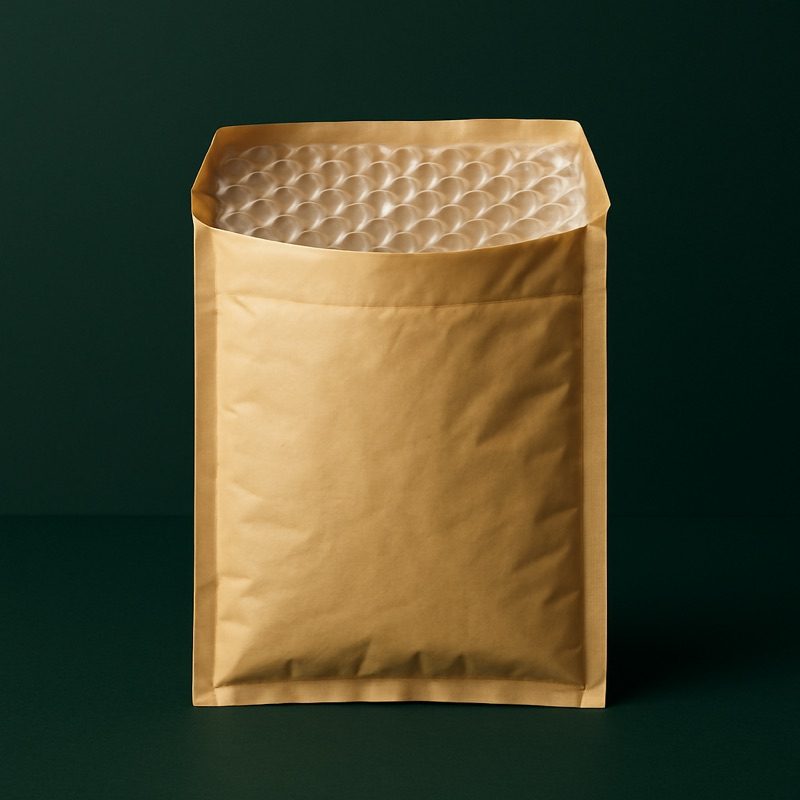 An open kraft bubble mailer showing its air-bubble lining