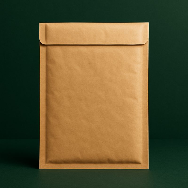 A flat kraft padded mailer with a seal flap