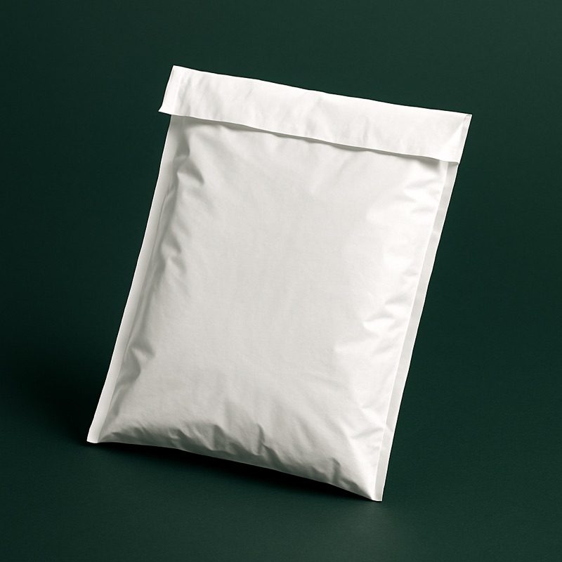 A white poly mailer with a fold-over peel-and-seal flap