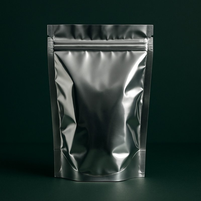 A bright silver foil stand-up mylar pouch