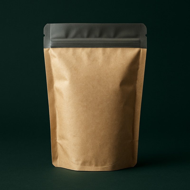A kraft paper stand-up pouch with a foil lining